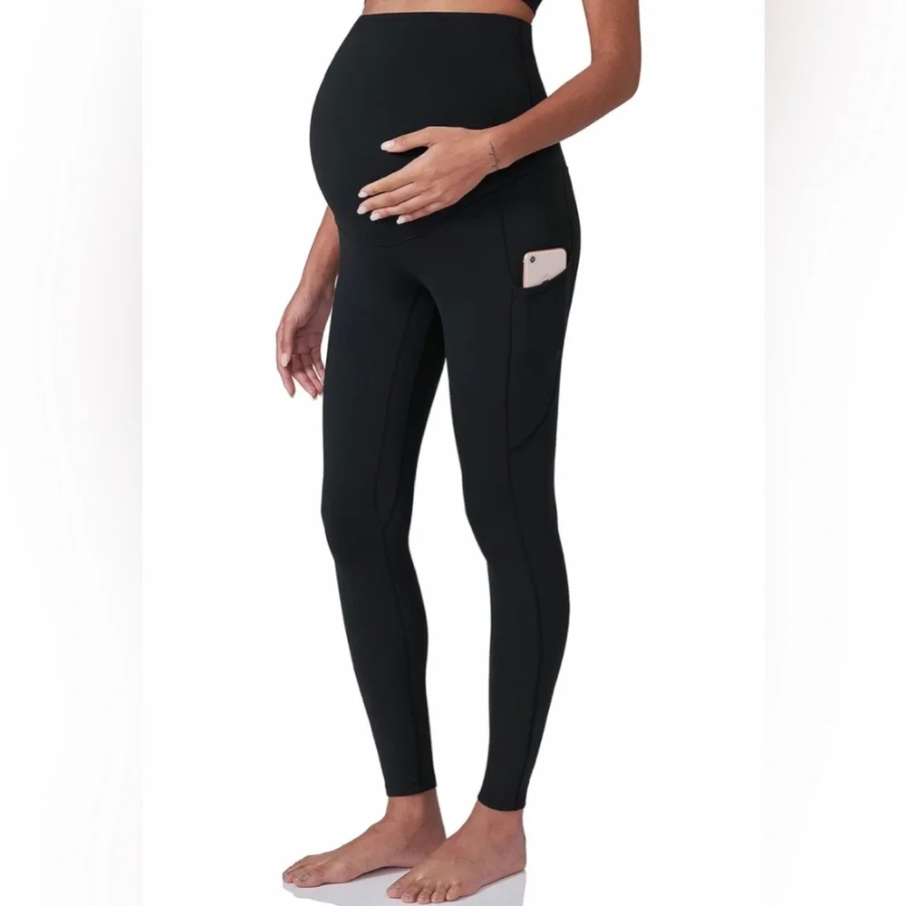 Maternity Leggings High Waist Pockets Black Size XXL